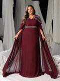 Plus Ethereal Floor-Length Chiffon Evening Gown with V-Neckline, Wide Split & Voluminous Draped Sleeves, Rhinestone Bodice Unique Pattern