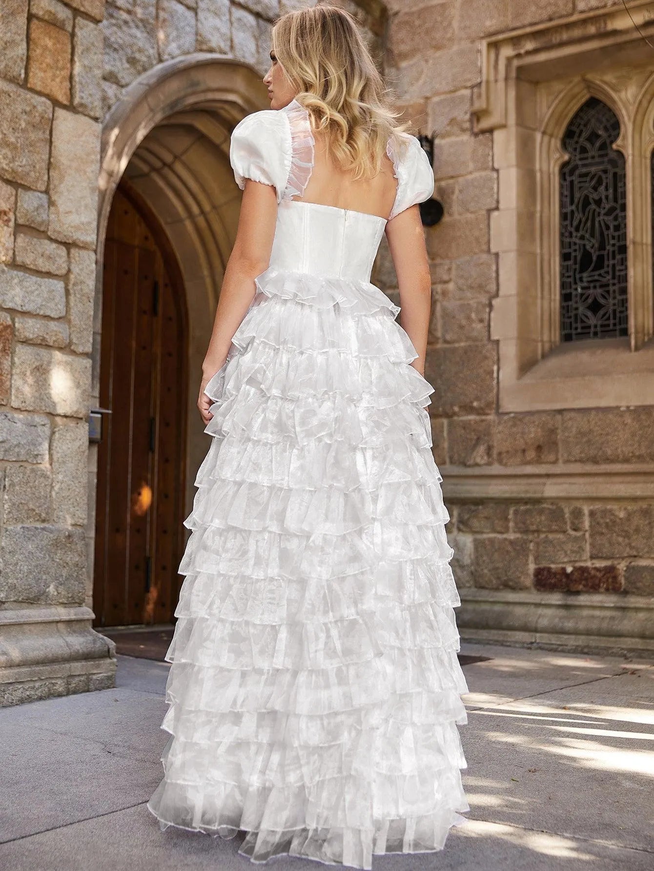 Elegant Puff Sleeve Layered Ruffle Hem Wedding Dress - Elonnashop