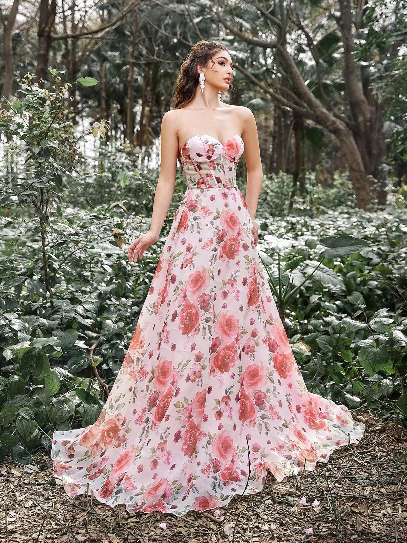 Elegant Lace UP Back Floral Printed Organza Prom Tube Dress - Elonnashop