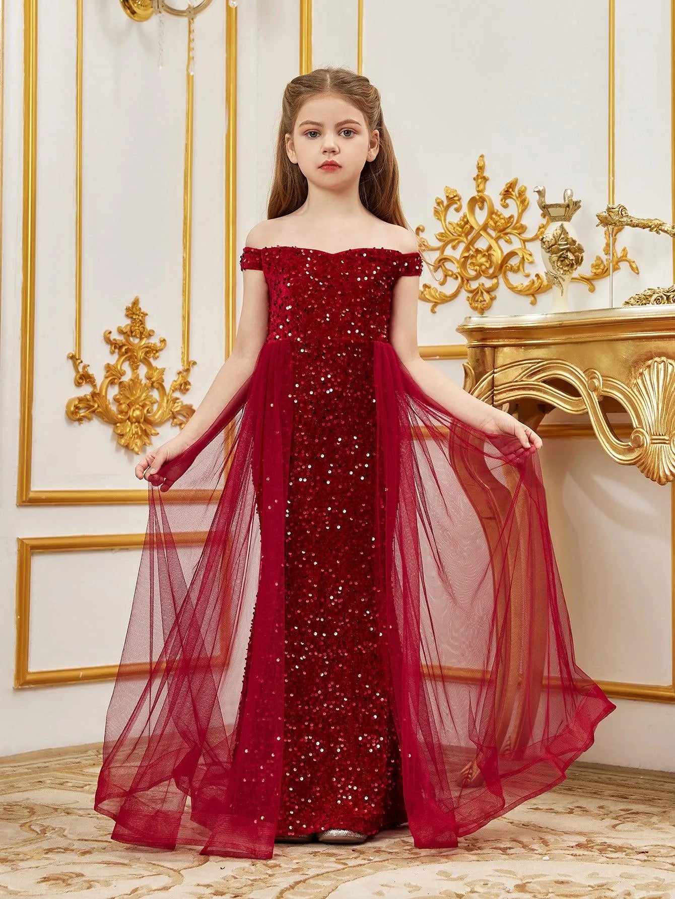 Tween Girls' Off Shoulder Mesh Overlay Sequined Prom Dress Red / 9Y Tween Girls' Off Shoulder Mesh Overlay Sequined Prom Dress Red / 9Y
