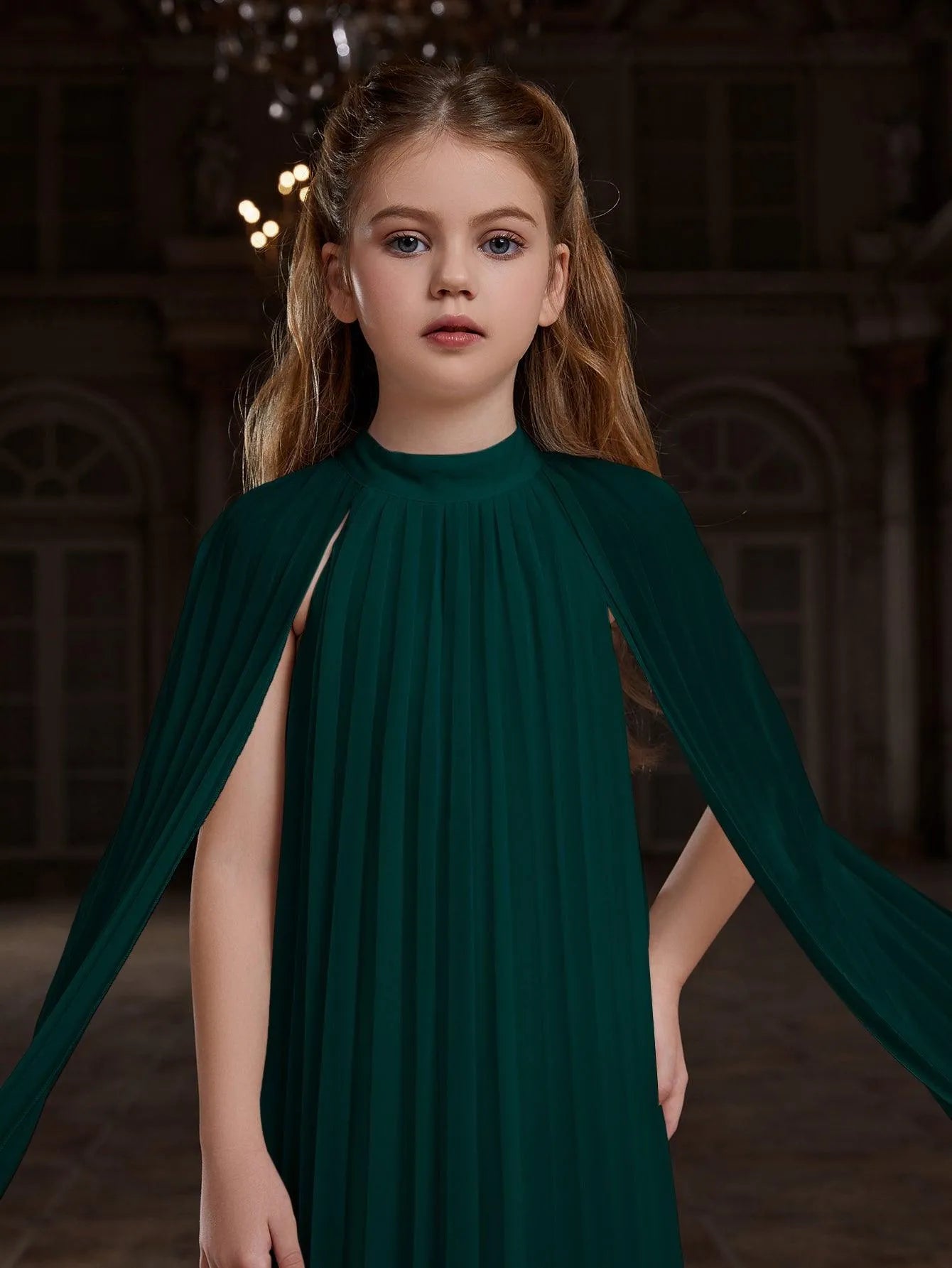 Tween Girls' Mock Neck Extra-Long Sleeves Pleated Chiffon Dress - Elonnashop