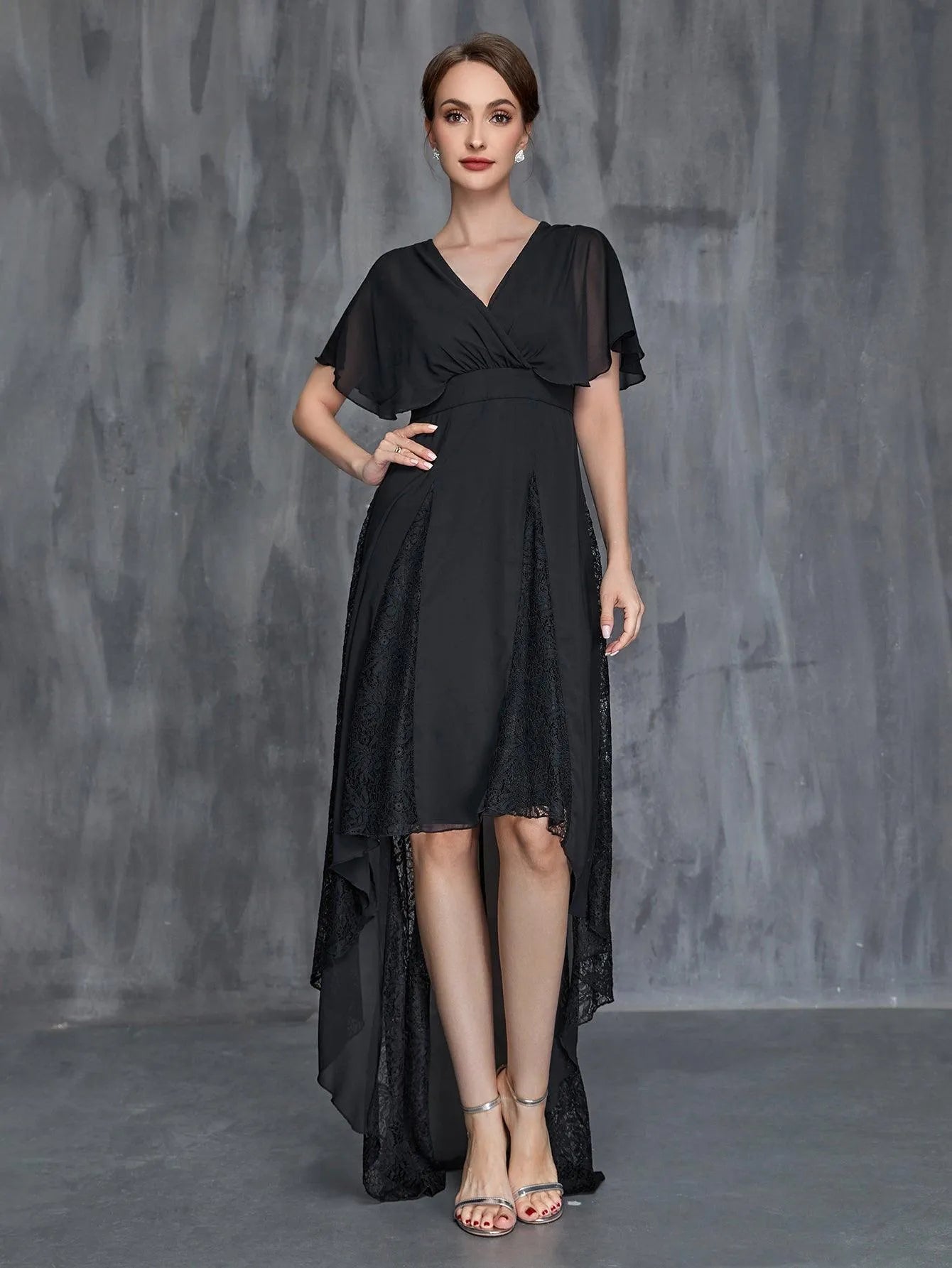 Womens' Surplice Neck High Low Hem Chiffon Dress - Elonnashop