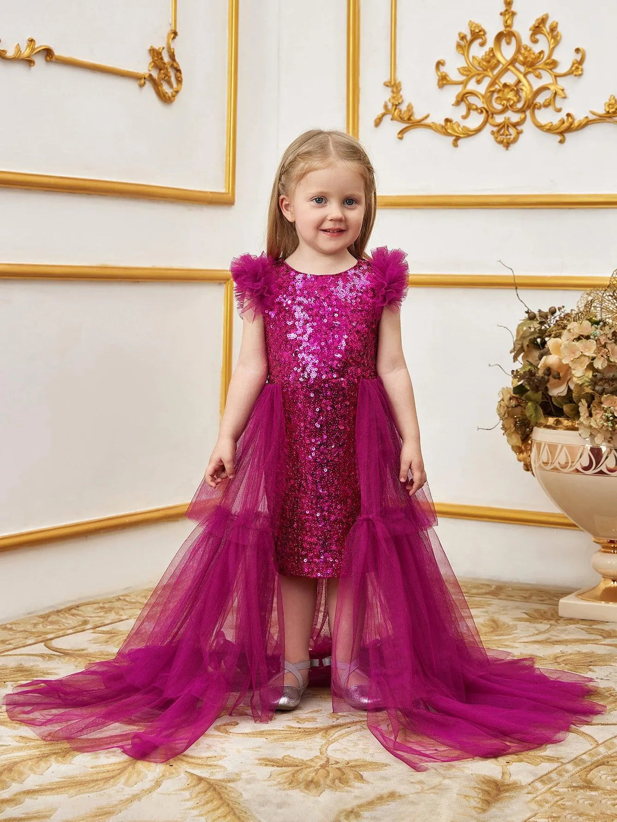 Young Girls' Sleeveless Mesh Layered Hem Sequin Party Dress - Elonnashop