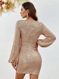 Surplice Neck Lantern Sleeve Sequin Bodycon Dress - Elonnashop