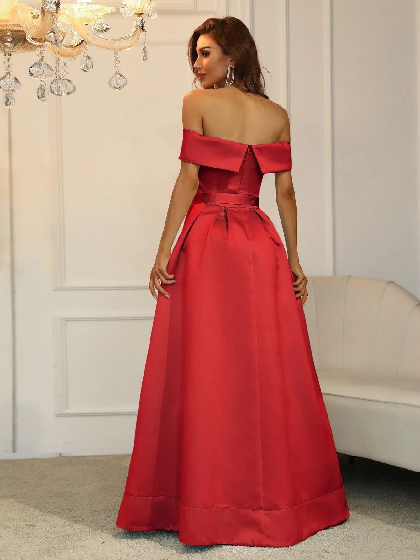 Off Shoulder Buckle Belted Satin Ball Gown - Elonnashop