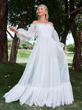 Off Shoulder Lantern Sleeve Mesh Wedding Dress - Elonnashop