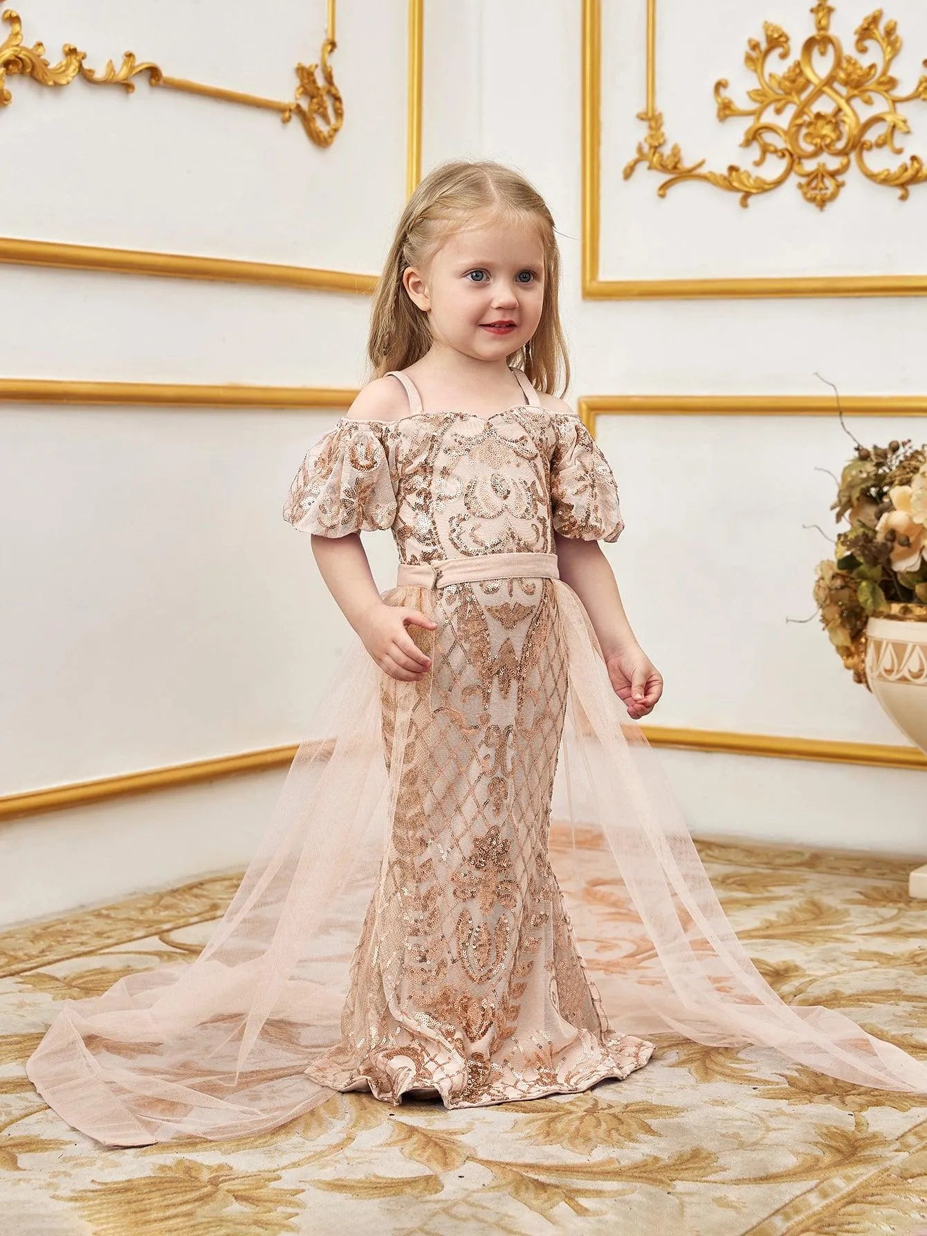 Young Girls' Sweetheart Collar Puff Sleeves Mesh Overlay Sequin Dress - Elonnashop