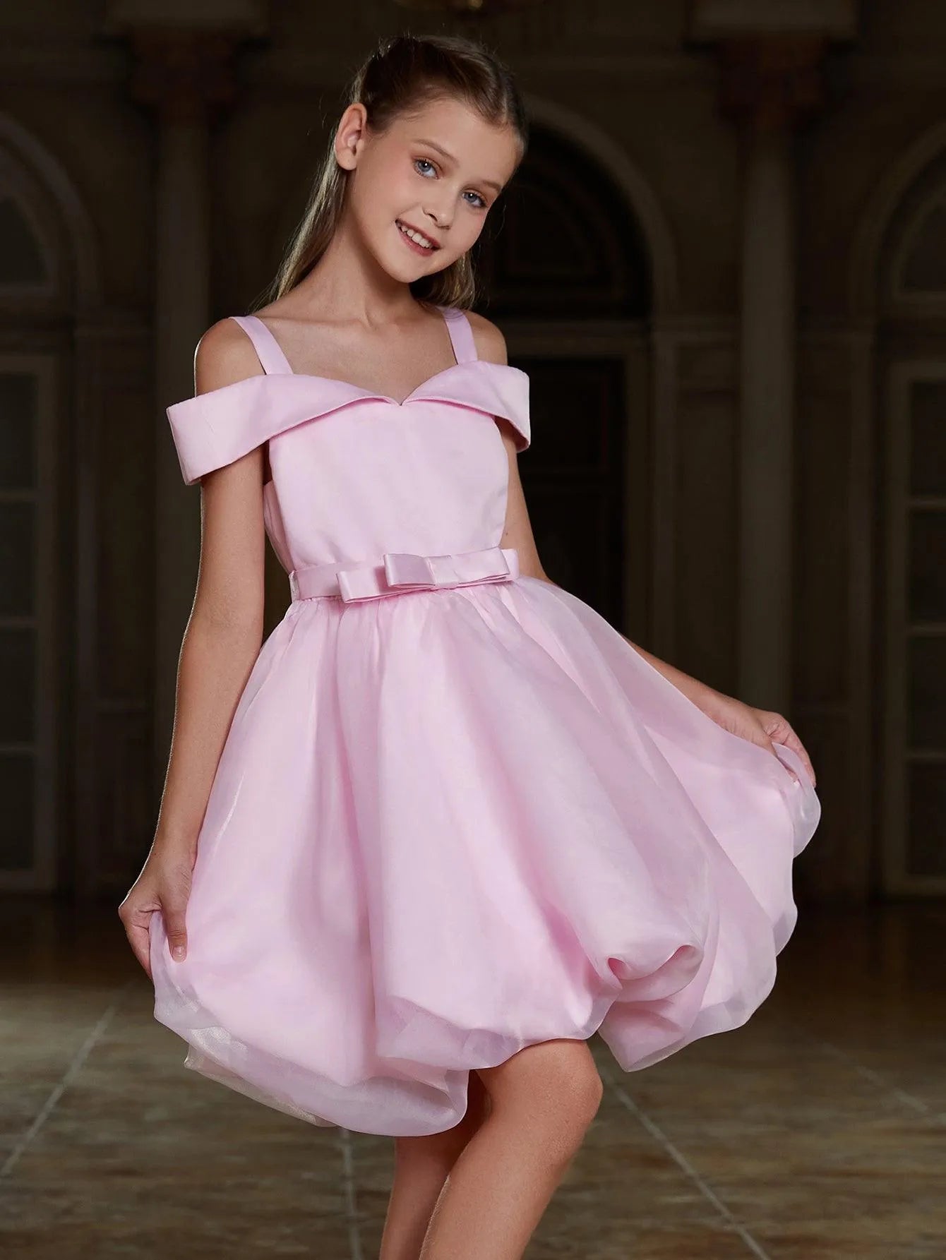 Tween Girls' Off Shoulder Bow Hem Satin Cami Dress - Elonnashop