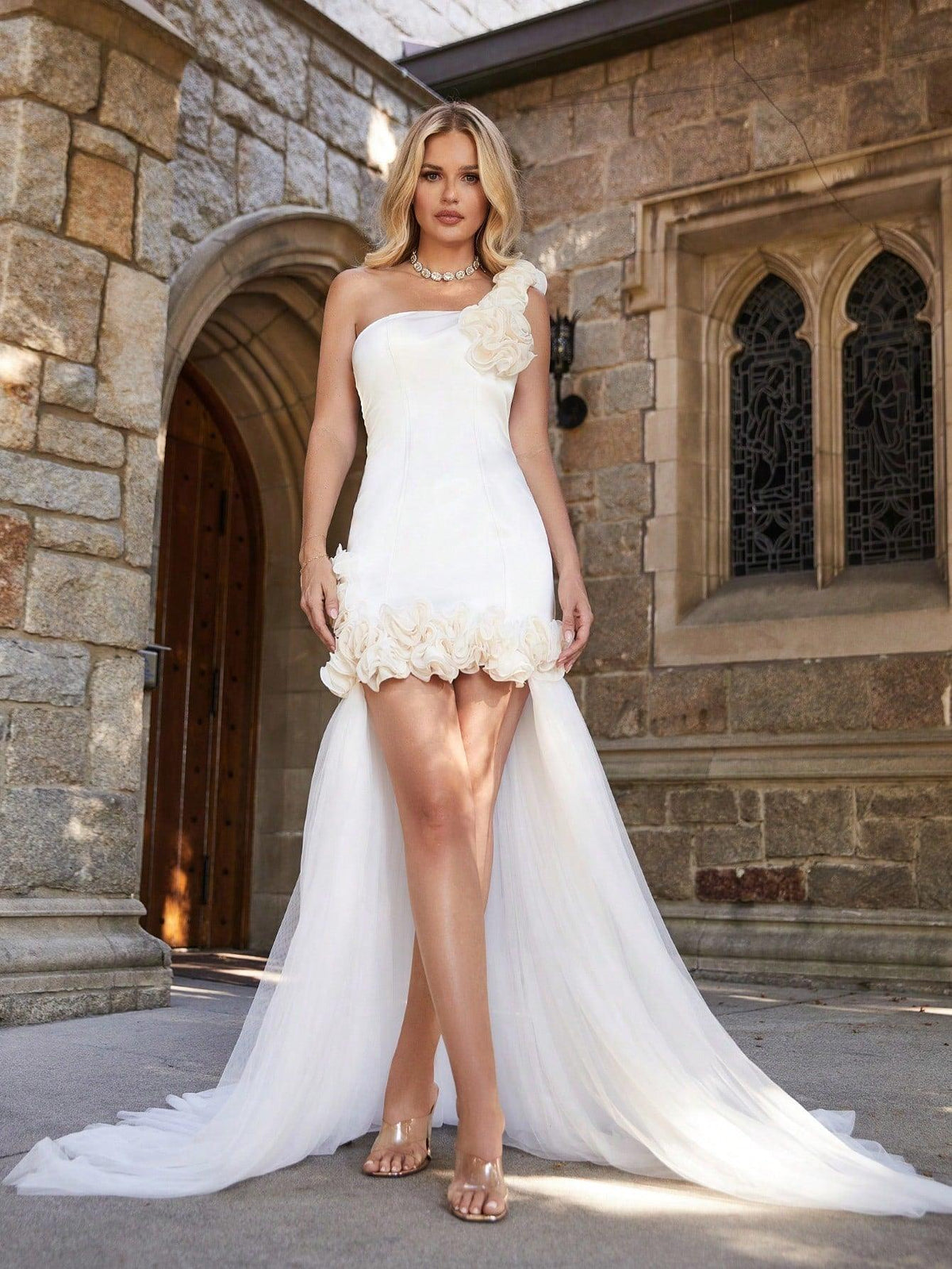 One Shoulder High Low Hem Mesh Overlay Wedding Dress - Elonnashop