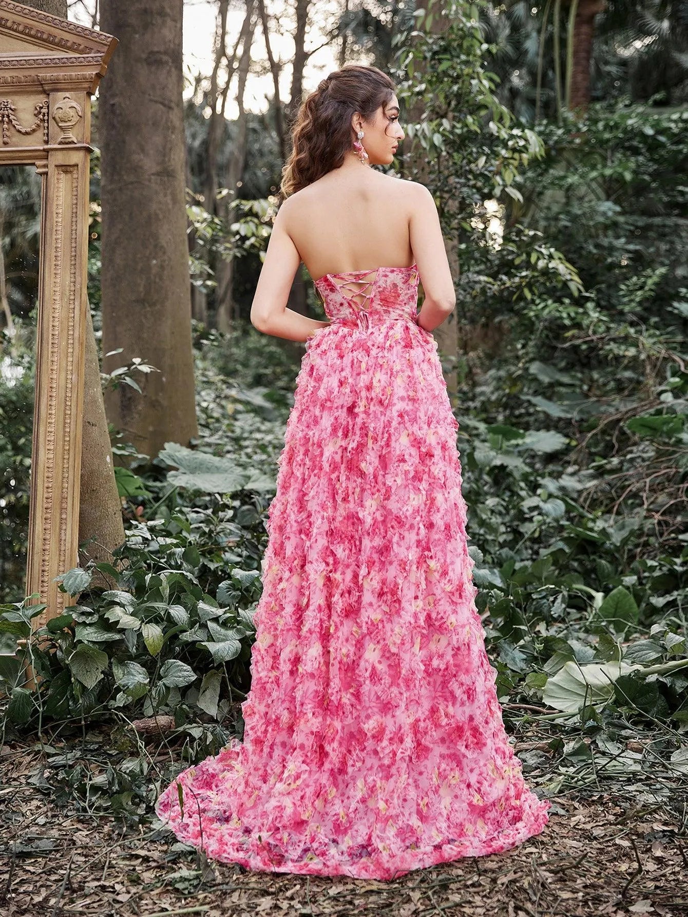 Elegant Floral Tulle Cascading Ruffle Hem Strapless Prom Dress - Elonnashop