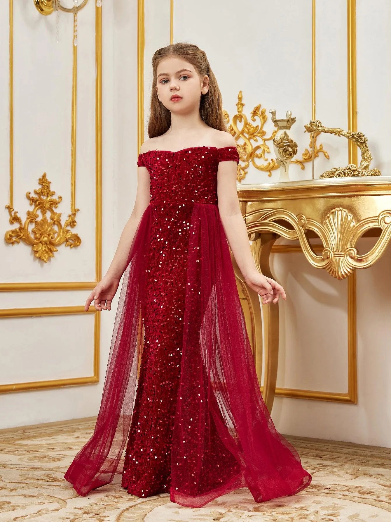 Tween Prom Tween Girls' Off Shoulder Mesh Overlay Sequined Prom Dress – Elonnashop