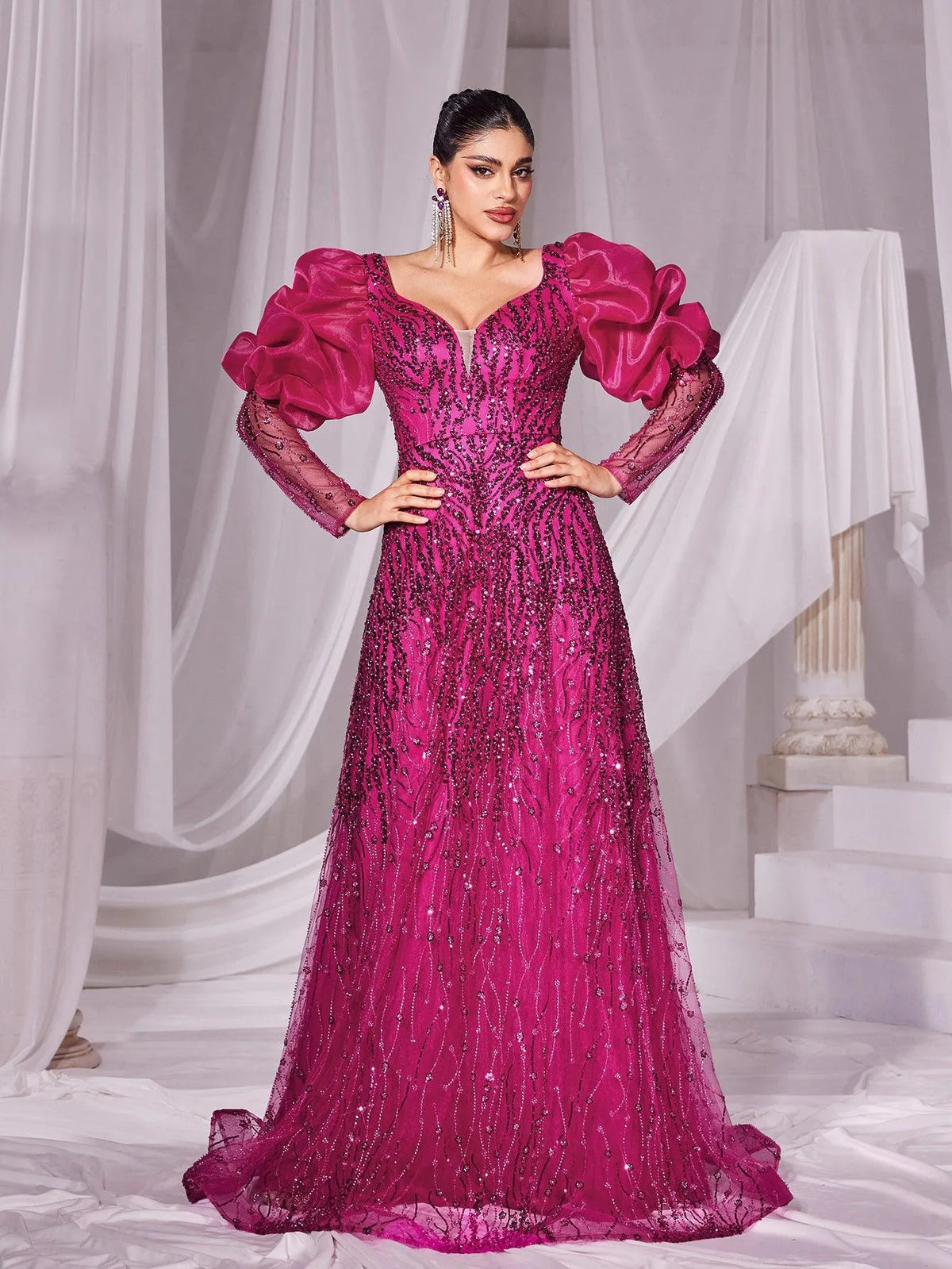 Gorgeous Plunging Neck Gigot Sleeves Maxi Prom Dress - Elonnashop