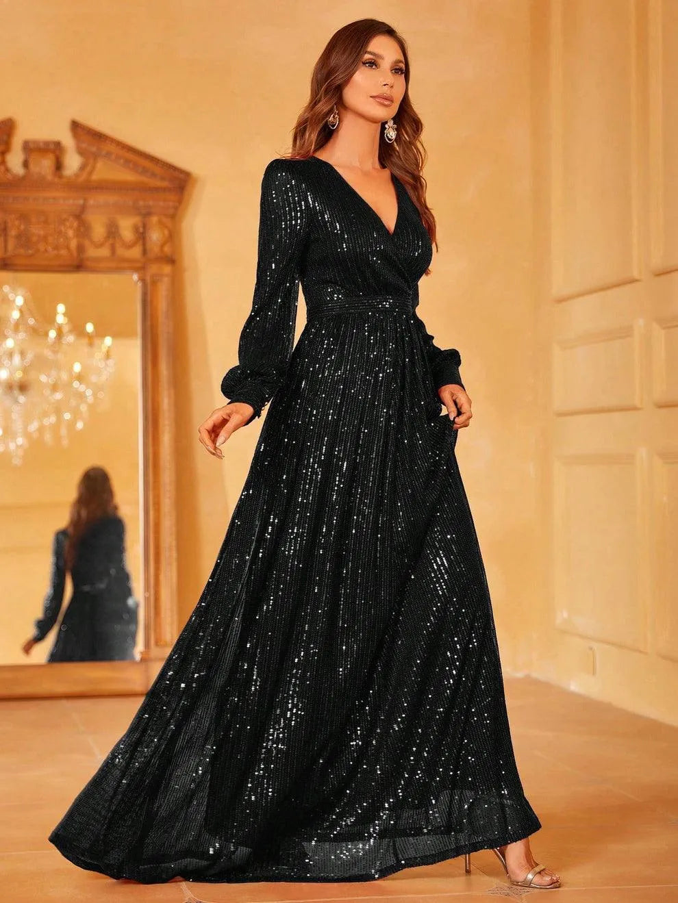 Elegant V Neck Long Sleeves Sequin A Line Dresses - Elonnashop