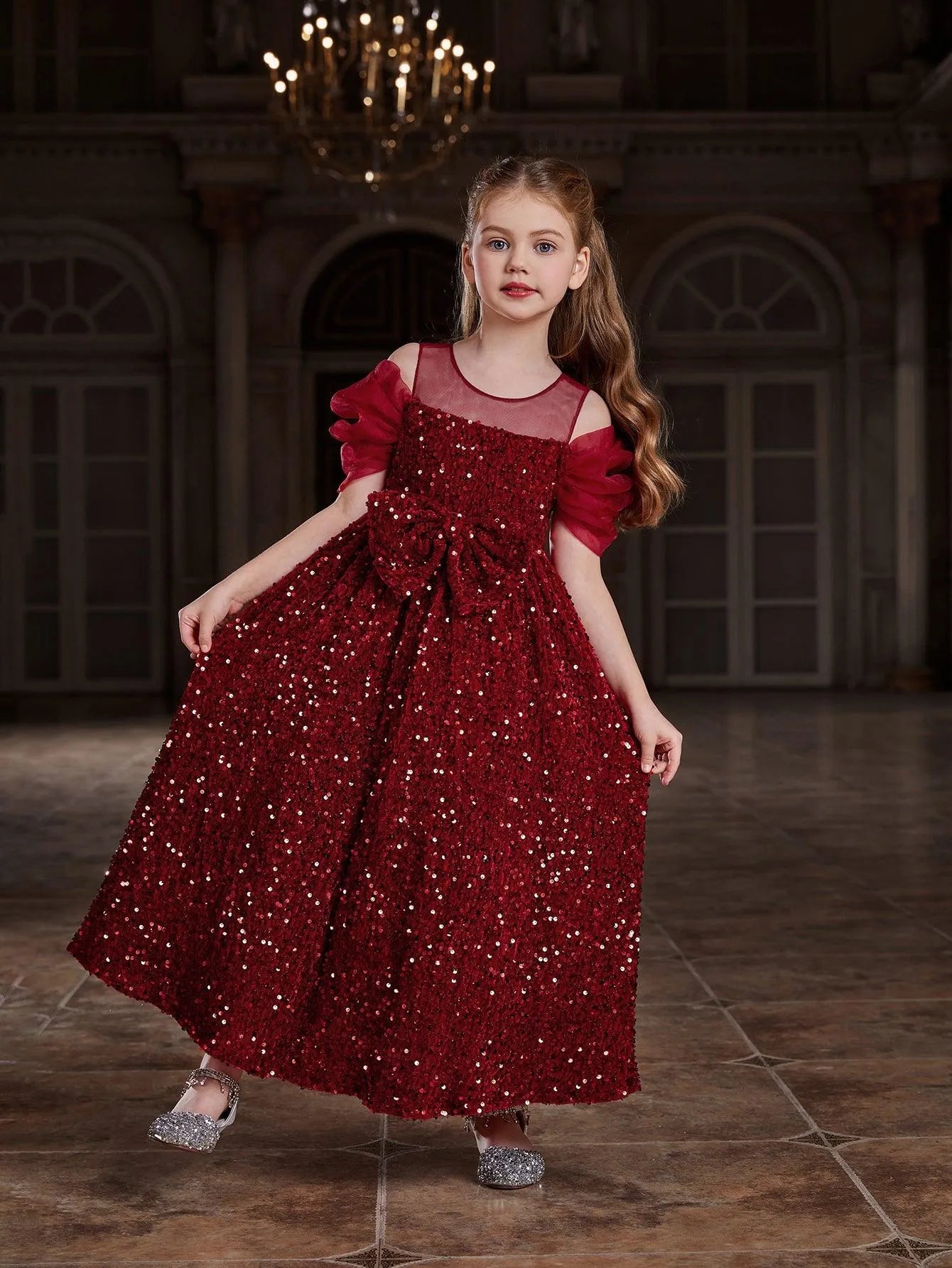 Tween Girls' Bow Front Sequin A Line Party Dress - Elonnashop