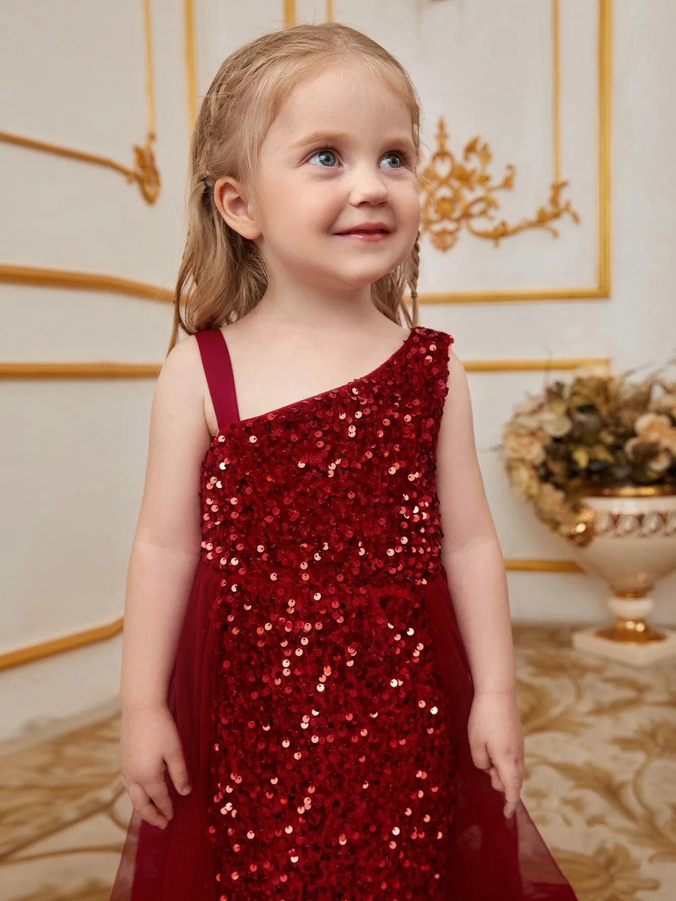 Young Girls' Asymmetrical Neckline Mesh Overlay Sequin Dress - Elonnashop