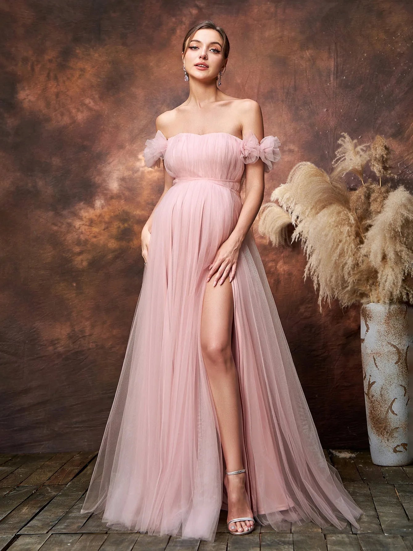 Maternity Off Shoulder Ruched Bust Split Tulle Evening Dress Blue Ashes / S Maternity Off Shoulder Ruched Bust Split Tulle Evening Dress Blue Ashes / S