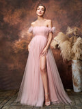 Maternity Off Shoulder Ruched Bust Split Tulle Evening Dress