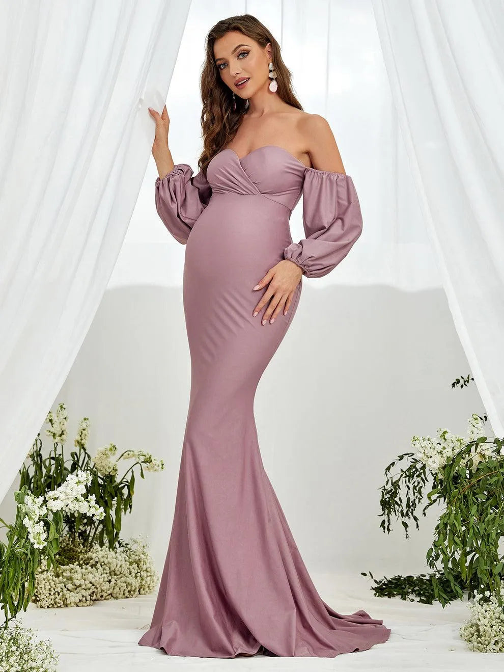 Maternity Off Shoulder Lantern Sleeve Mermaid Dress - Elonnashop