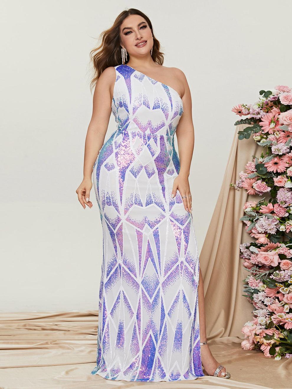 Plus Size One Shoulder Sleeveless Slit Prom Dresses - Elonnashop