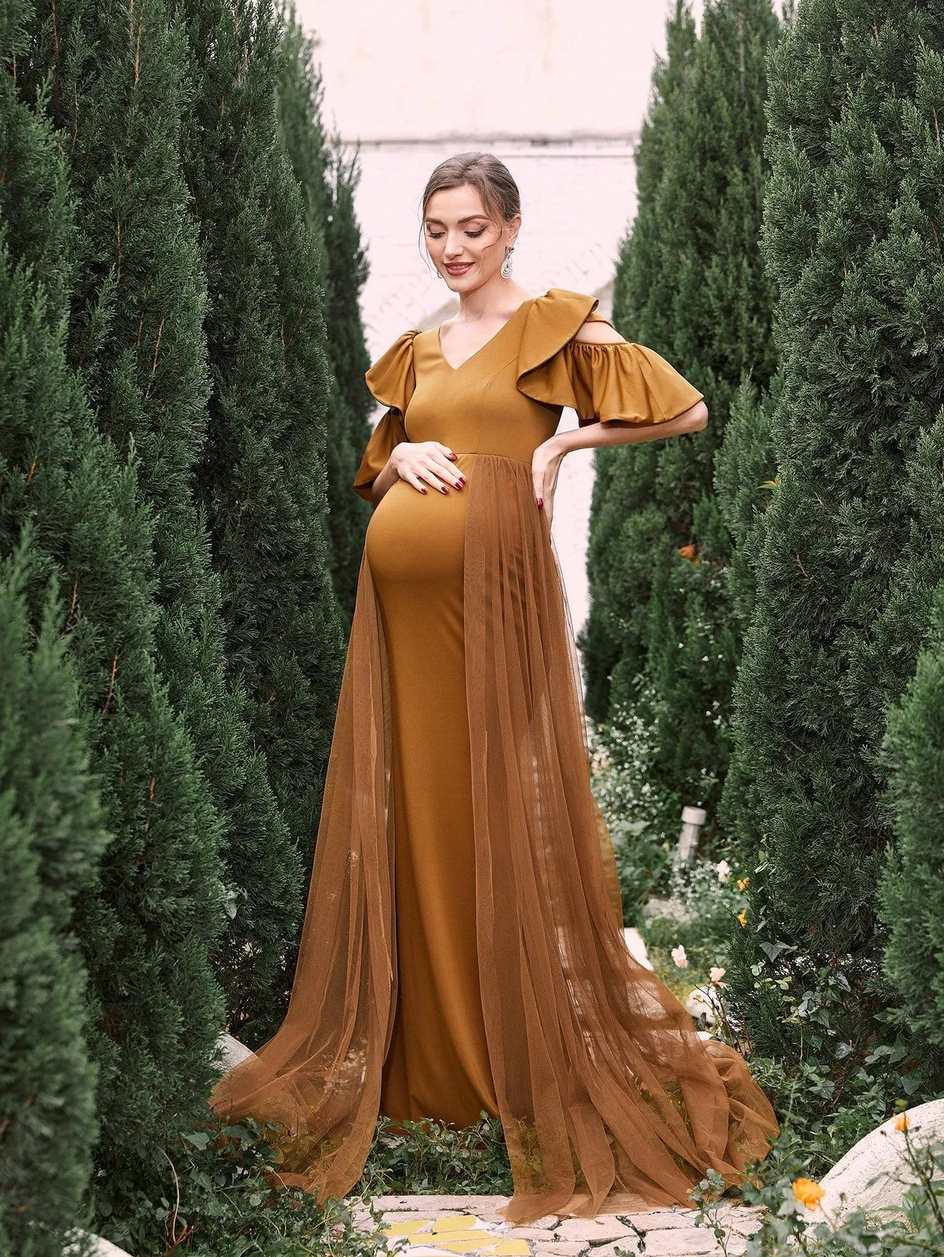 Maternity V Neck Ruffle Sleeves Mesh Overlay Mermaid Dress - Elonnashop