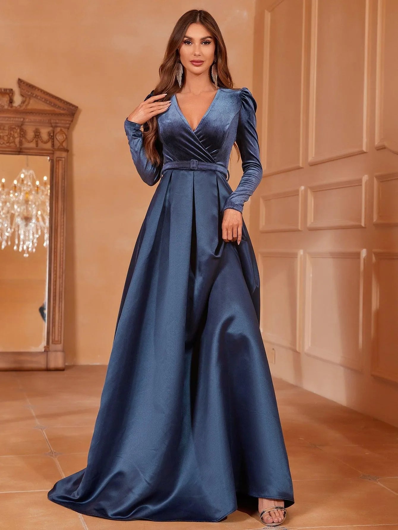 silk surplice dress Satin Surplice Dress with Feather Trim Hem