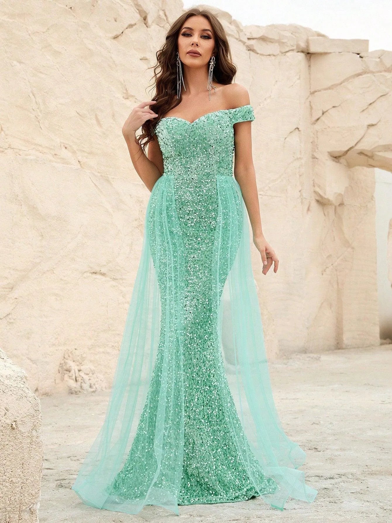 Off Shoulder Sequin Mermaid Dresses Mesh Layer On Waist - Elonnashop