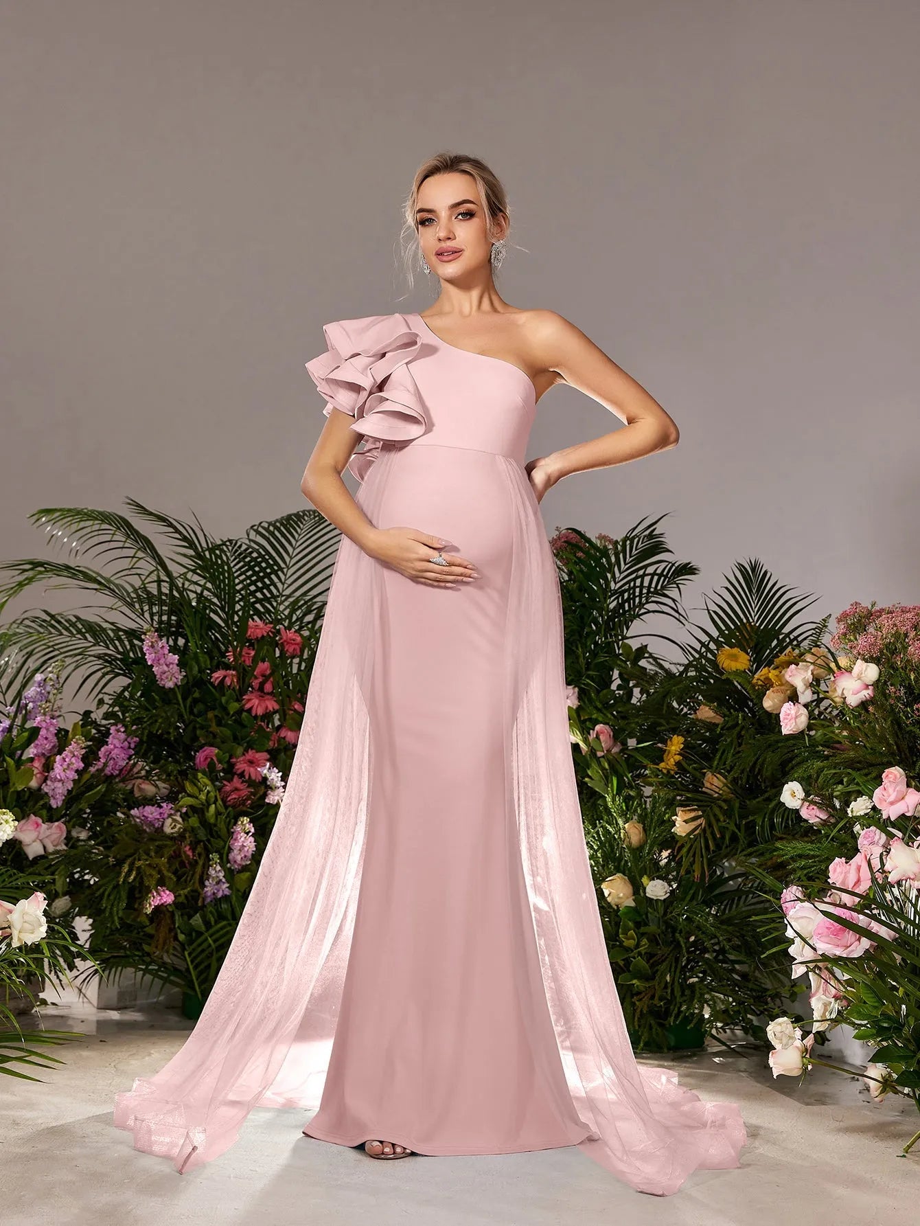 Maternity One Shoulder Ruffle Trim Mesh Overlay Mermaid Party Dress