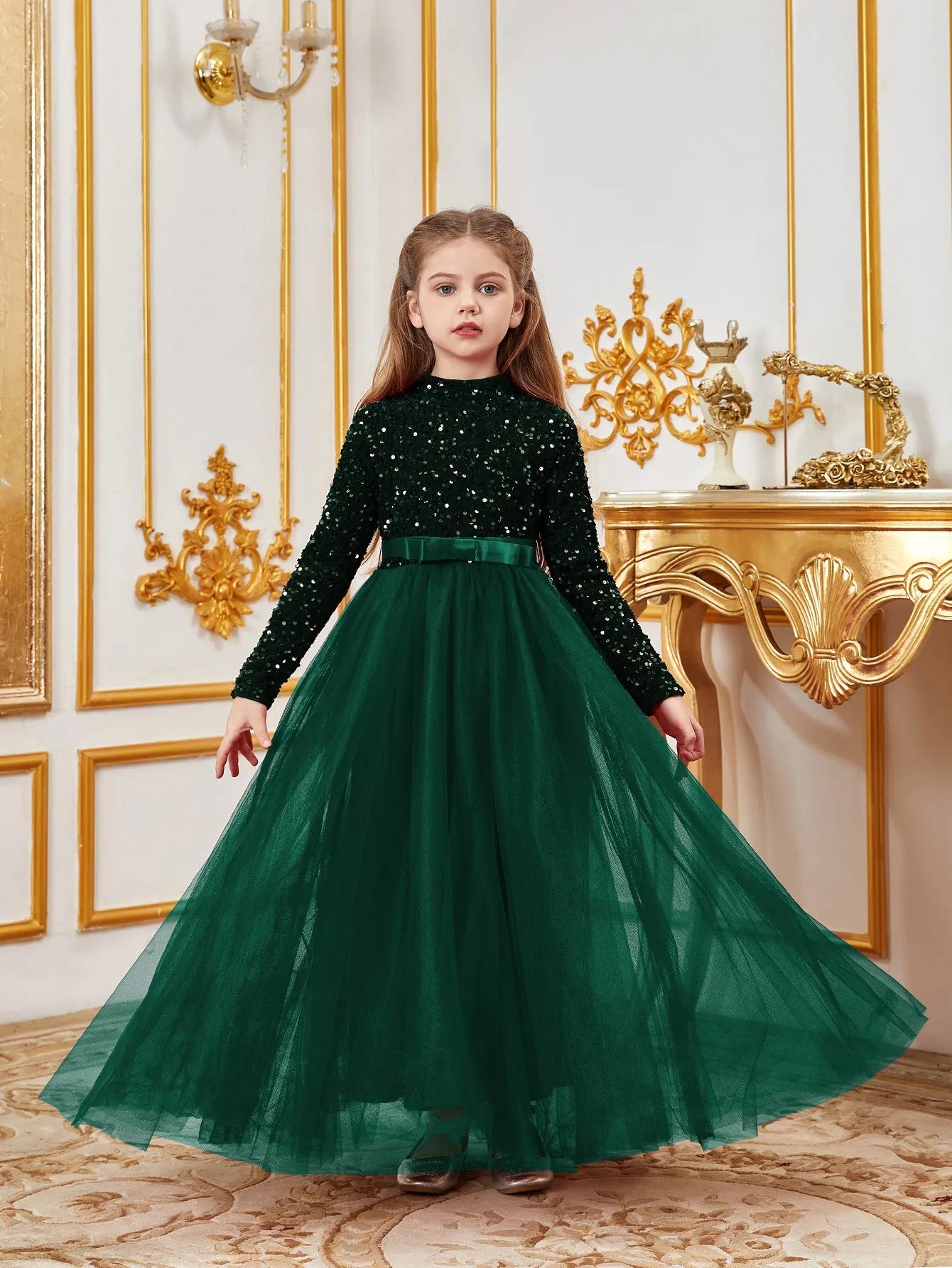 Tween Girls' Mock Neck Bow Detail Sequin Party Dress Elonnashop Tween Girls' Mock Neck Bow Detail Sequin Party Dress Elonnashop