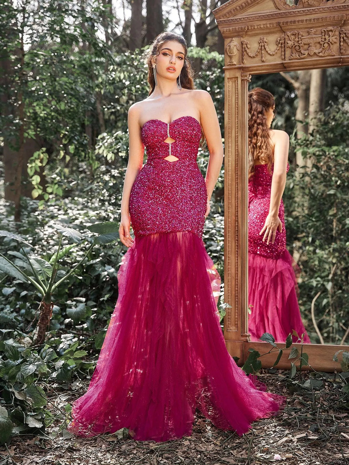 Gorgeous Sequin Bodice Contrast Cascading Tulle Train Strapless Evening Dress - Elonnashop