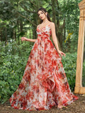 Elegant Backless Floral Printed Slip Prom Dress