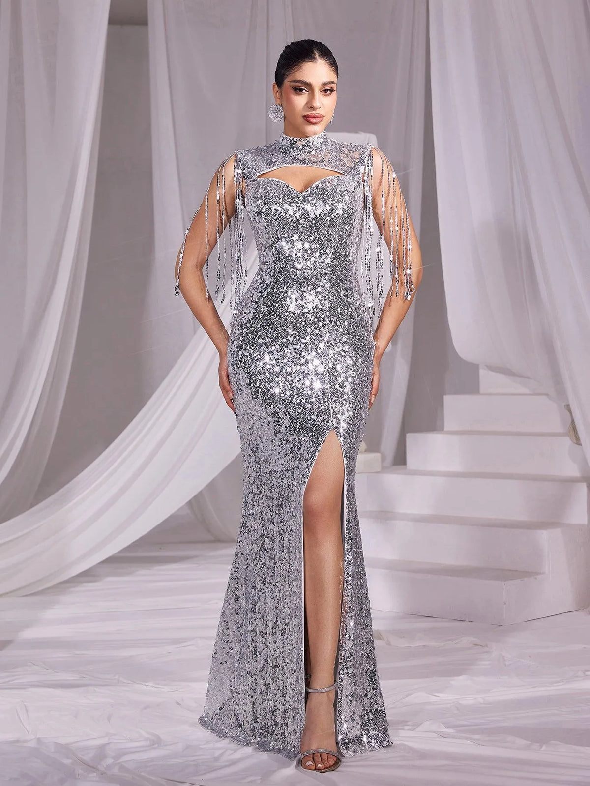 Sequin Mock Neck Mermaid Hem Evening Dress - Elonnashop