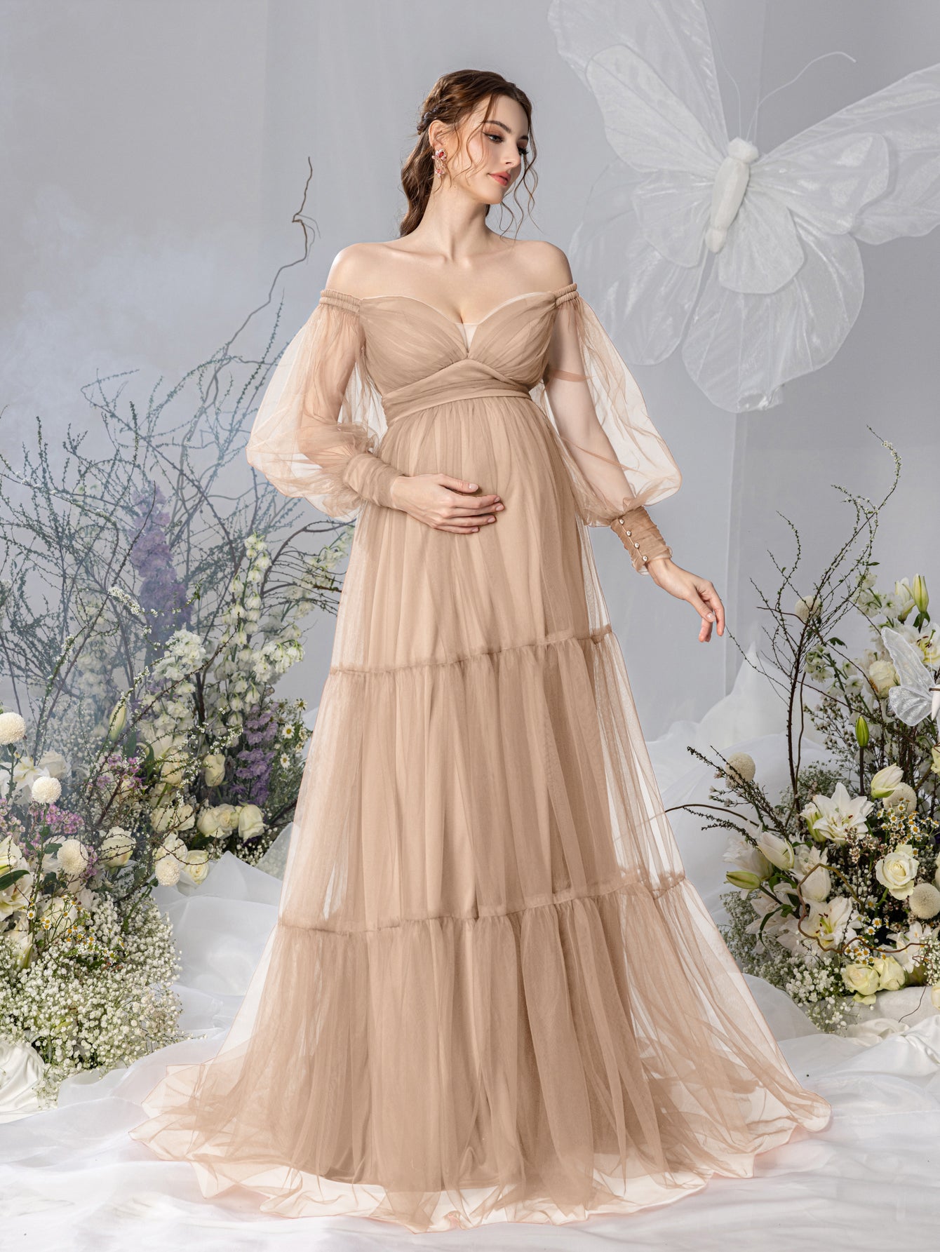 Maternity Off Shoulder Bishop Sleeves Layered Tulle Photography Dress