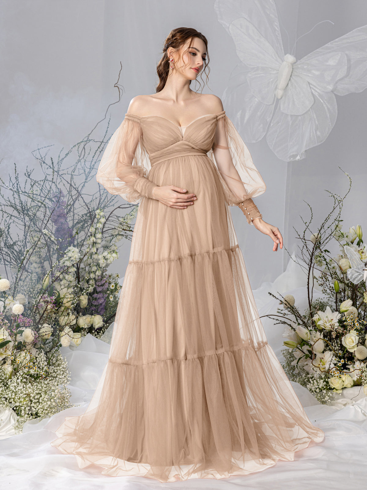Maternity Off Shoulder Bishop Sleeves Layered Tulle Photography Dress