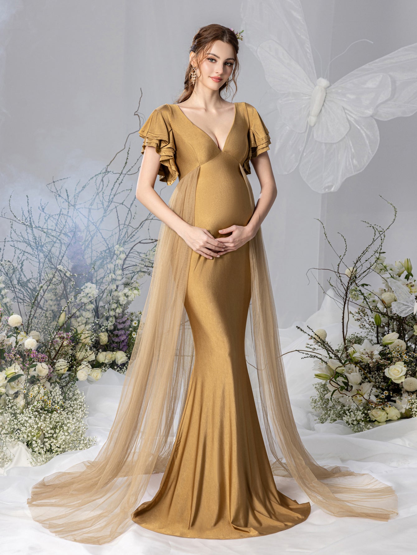 Maternity Plunging Neck Layered Ruffle Sleeve Mermaid Dress