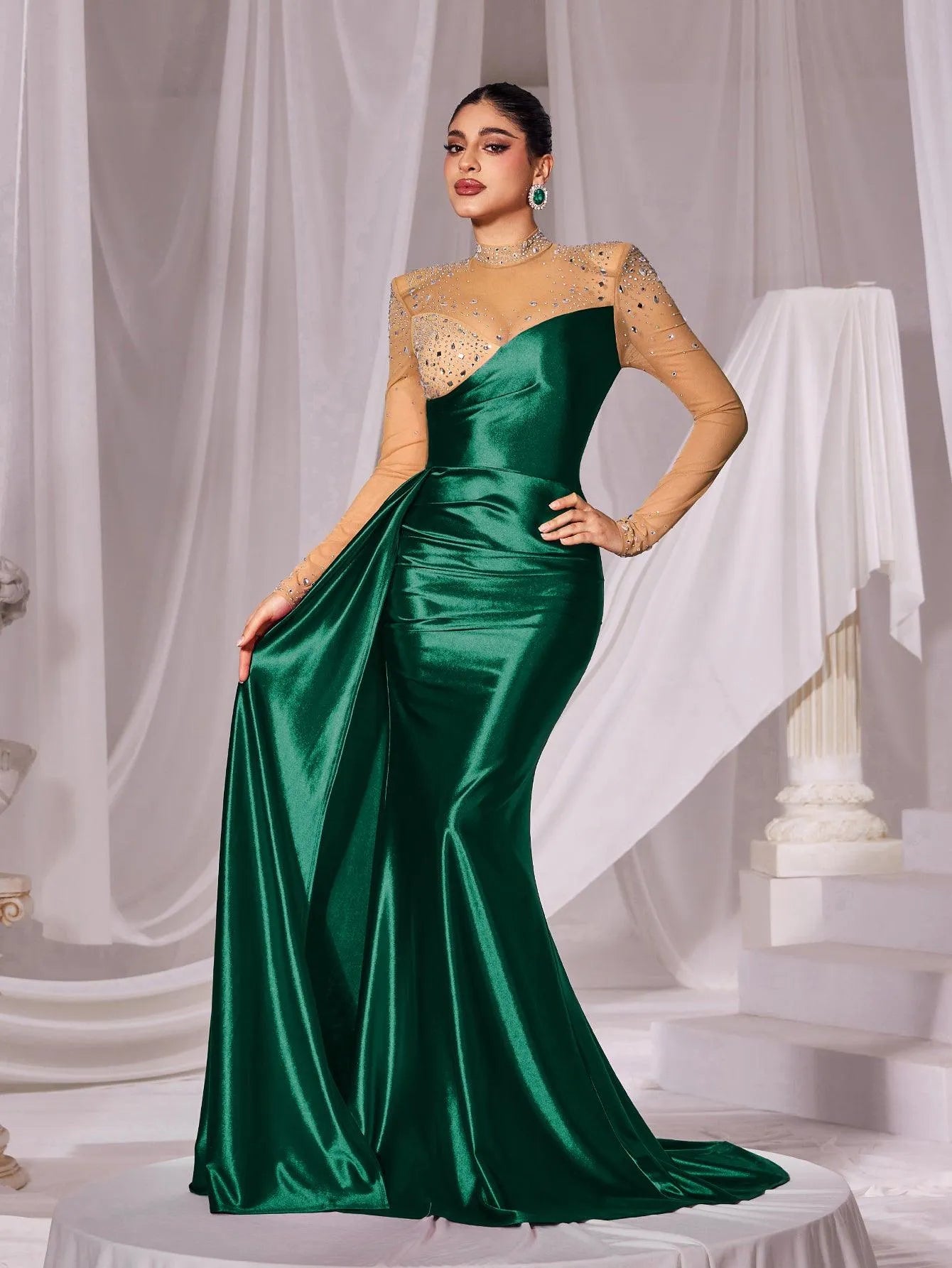 Rhinestone Detail Mock Neck Satin Mermaid Prom Dress - Elonnashop