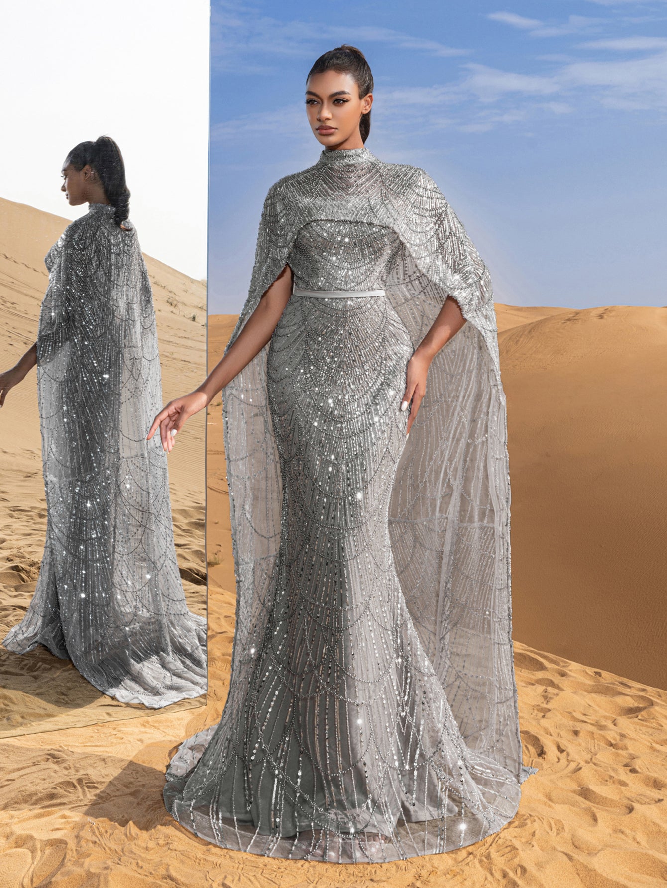 Luxury Gorgeous Mock Neck Mermaid Hem Beaded Sequin Cape Dress