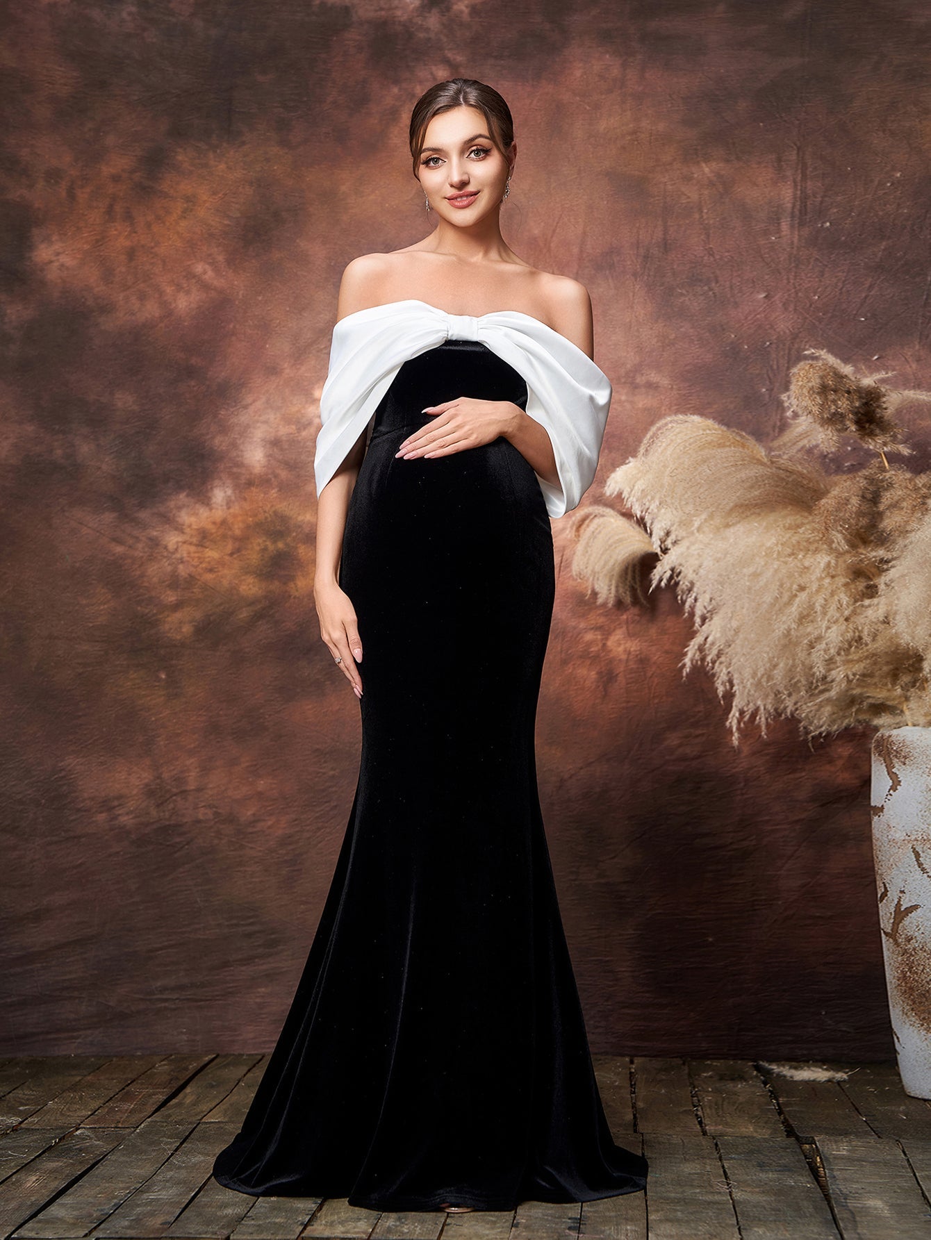 Maternity Color Block Off Shoulder Mermaid Hem Evening Dress