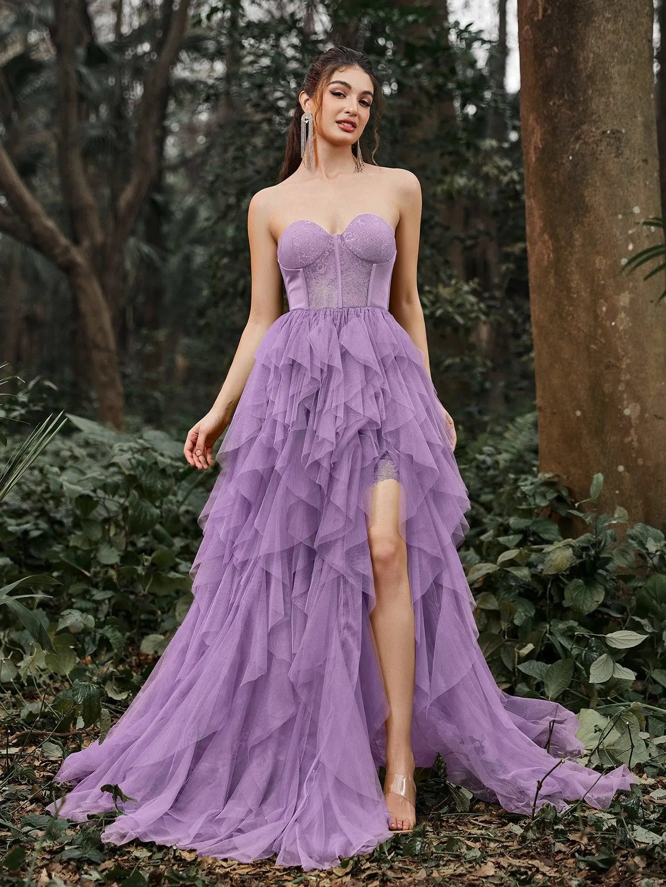 Elegant Lace Bodice Contrast Split Ruffle Layered Hem Prom Tube Dress Elonnashop Elegant Lace Bodice Contrast Split Ruffle Layered Hem Prom Tube Dress Elonnashop