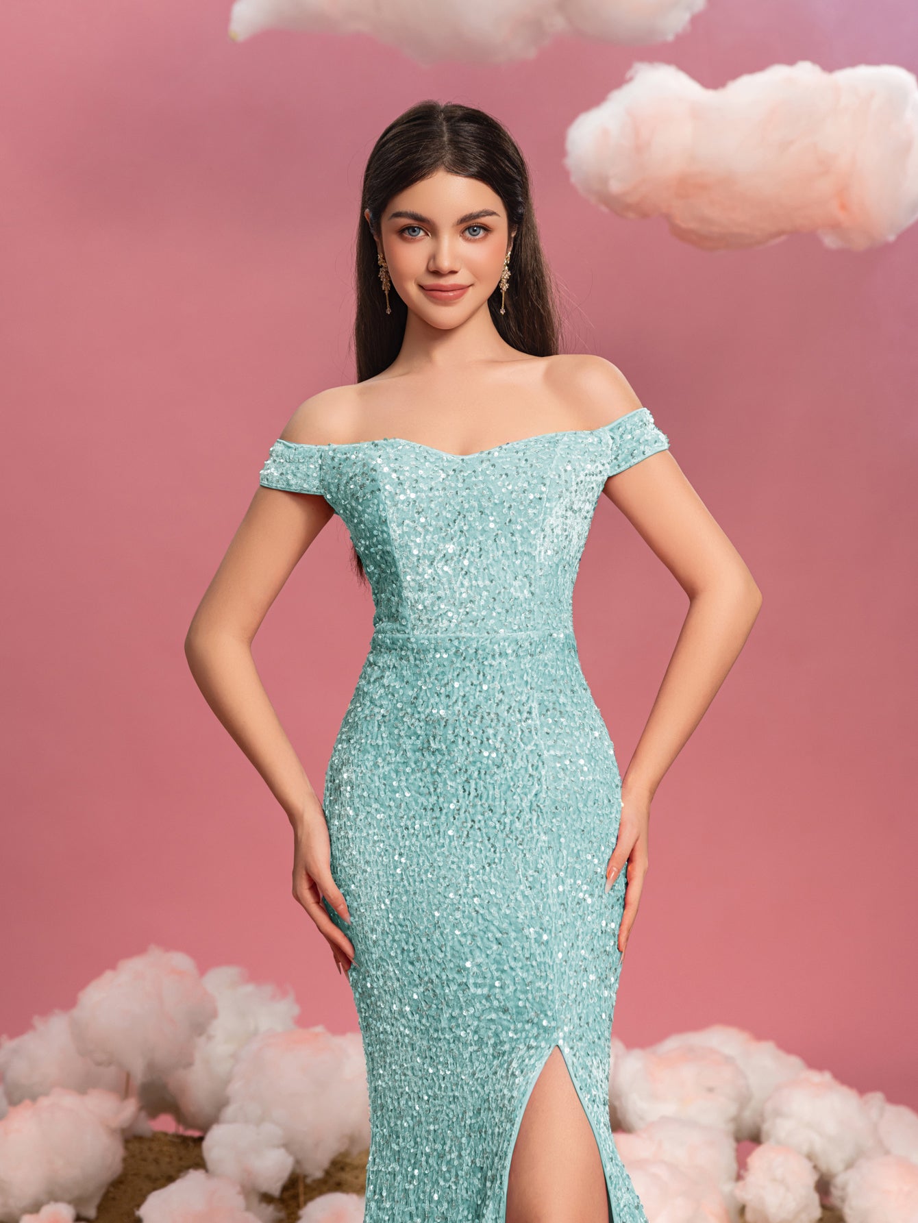 Teen Girls' Elegant Off Shoulder Split Mermaid Hem Sequin Party Dress