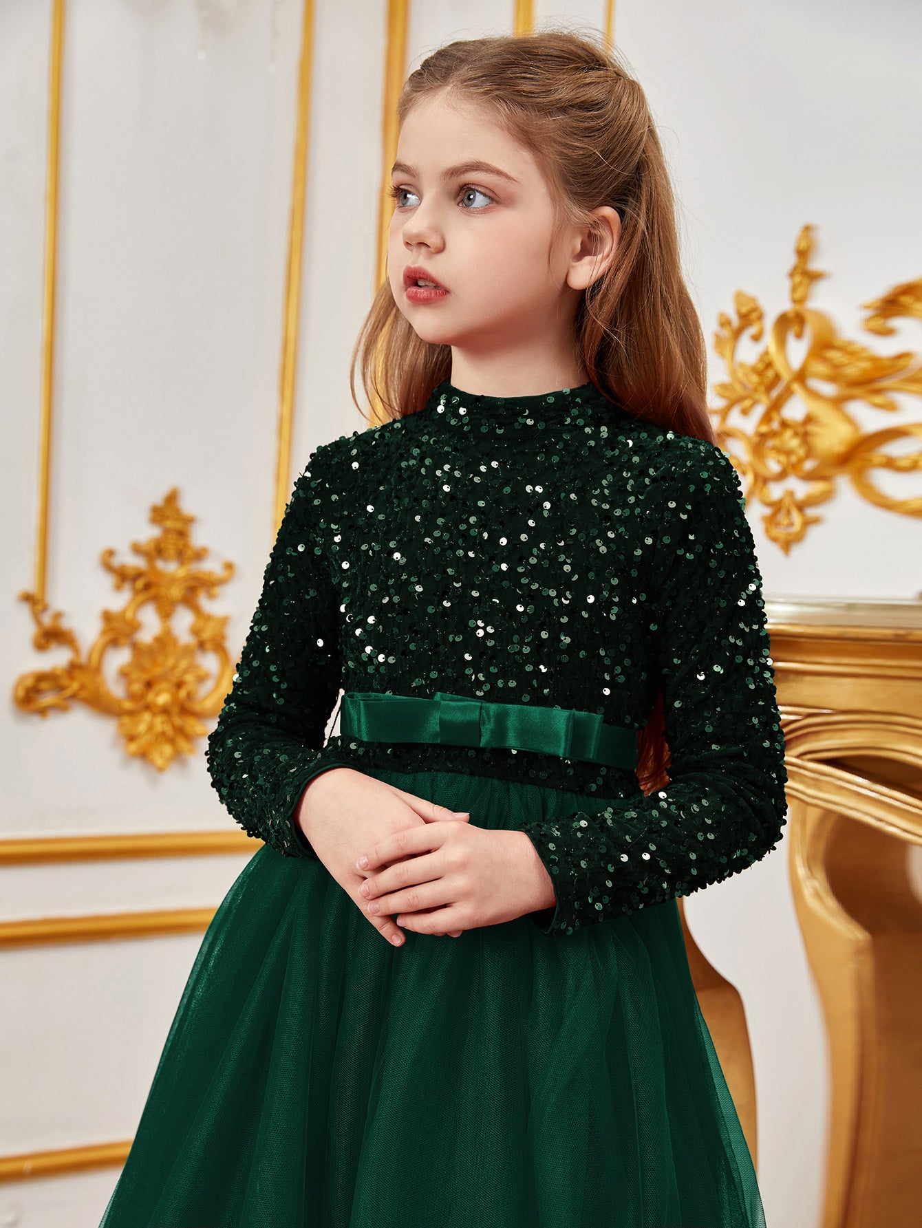 Tween Girls' Mock Neck Bow Detail Sequin Party Dress