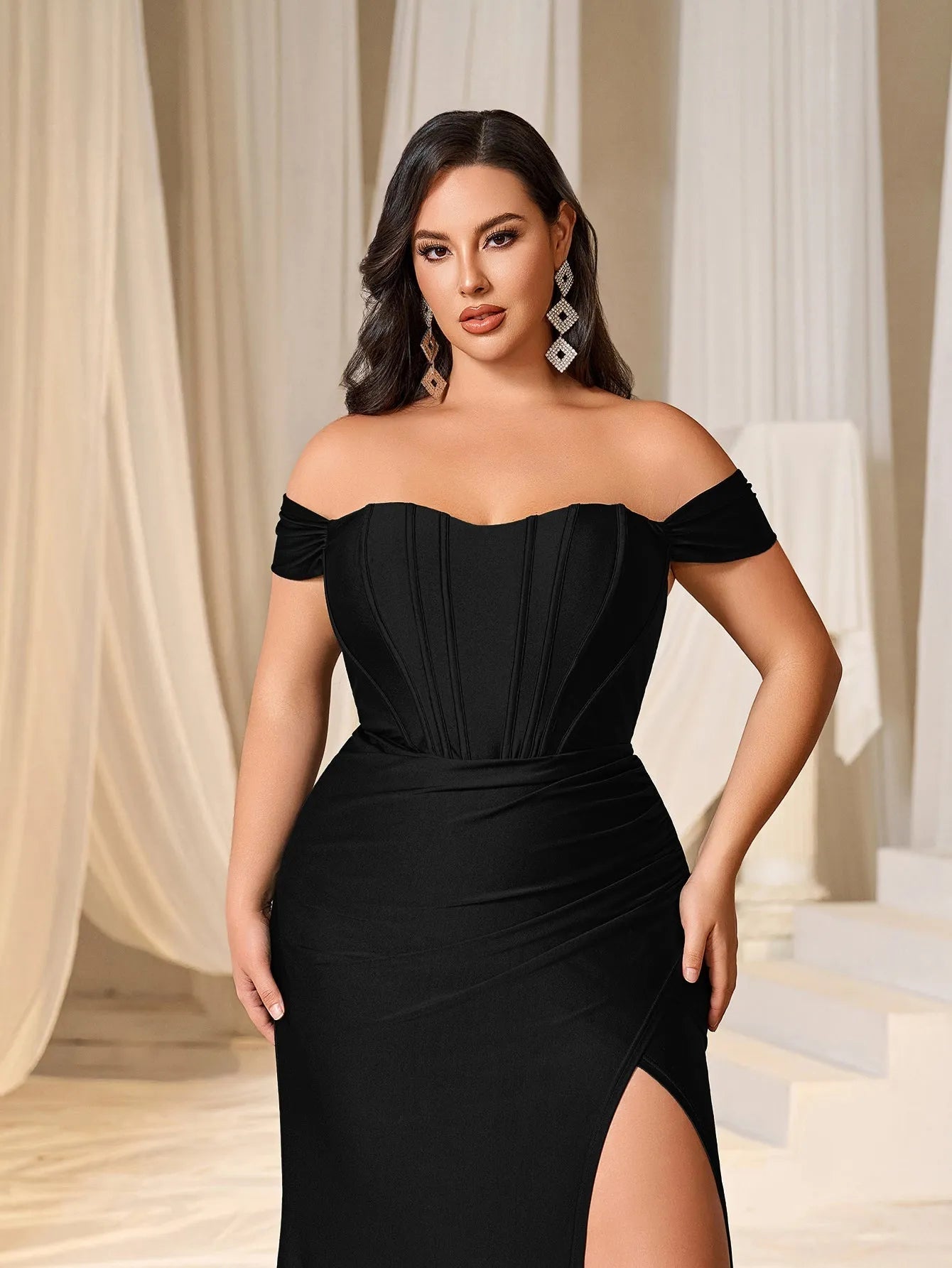 Plus Off Shoulder Ruched Wrap Hem Party Dress