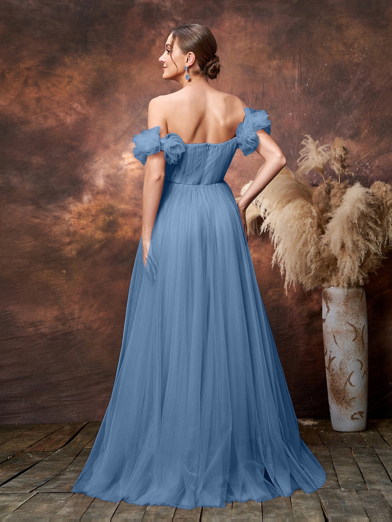 Maternity Off Shoulder Ruched Bust Split Tulle Evening Dress