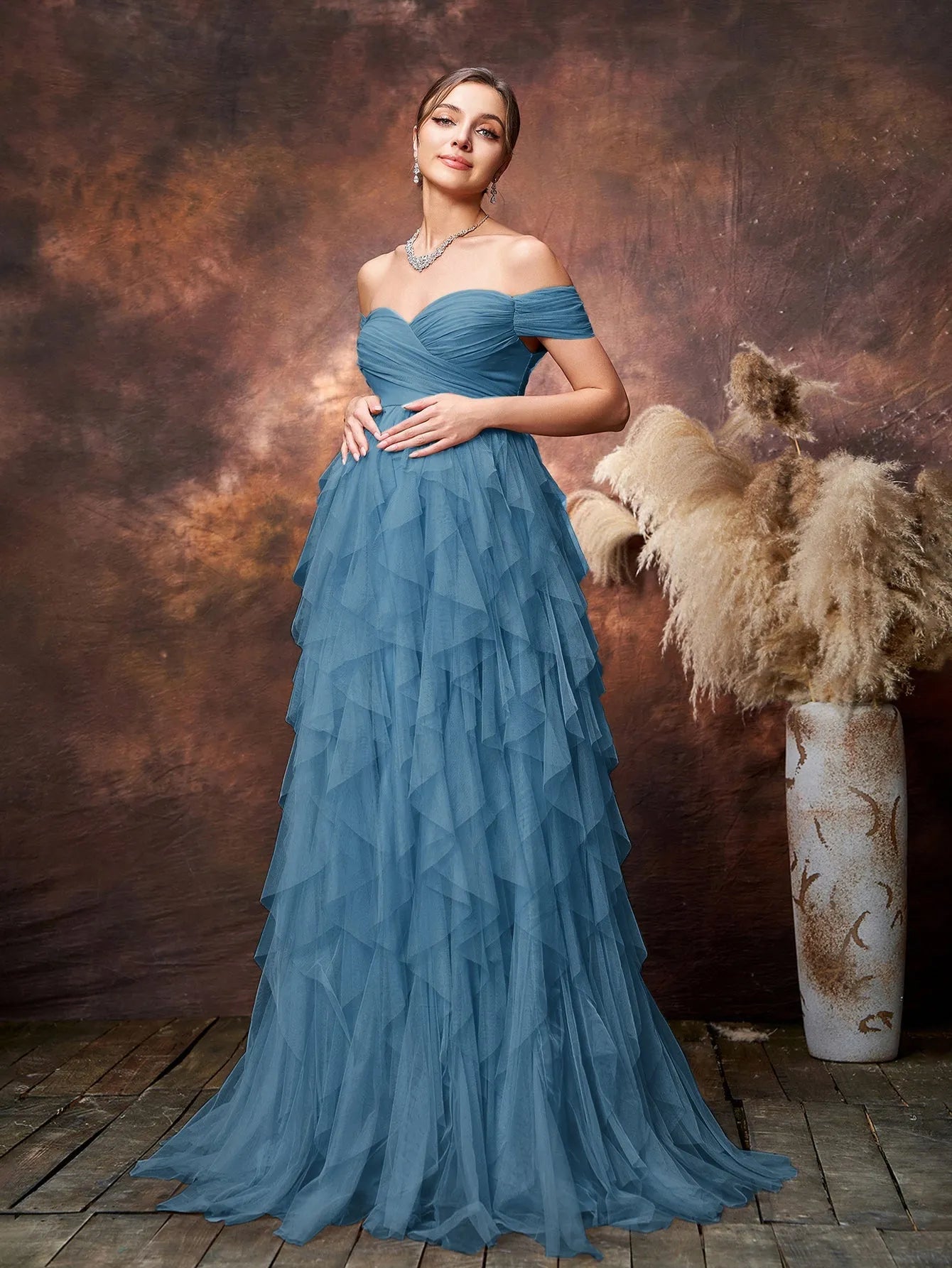 Maternity Off Shoulder Tiered Ruffle Hem Tulle Evening Dress Elonnashop Maternity Off Shoulder Tiered Ruffle Hem Tulle Evening Dress Elonnashop
