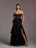 Elegant Rhinestone Decoration Off Shoulder Satin Bodice Tulle Layered Hem Prom Dress Wedding Dress