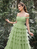 Gorgeous Off Shoulder Applique Bodice Cascading Ruffle Hem Prom Dress - Elonnashop