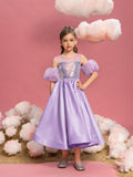 Tween Girls' Puff Sleeve Sequin Contrast Satin Dress