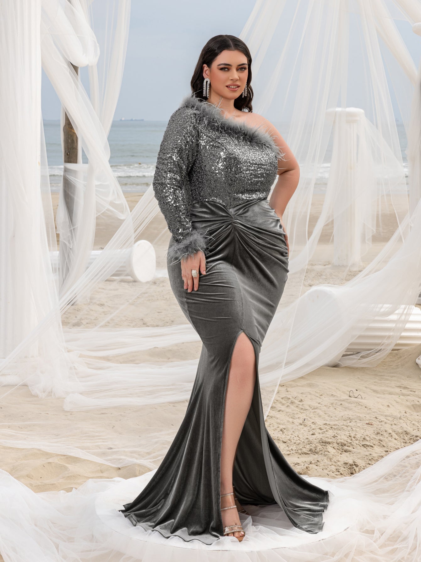 Plus Elegant One-Shoulder Thigh Slit Sequin & Velvet Mermaid Dress wi Elonnashop Plus Elegant One-Shoulder Thigh Slit Sequin & Velvet Mermaid Dress wi Elonnashop