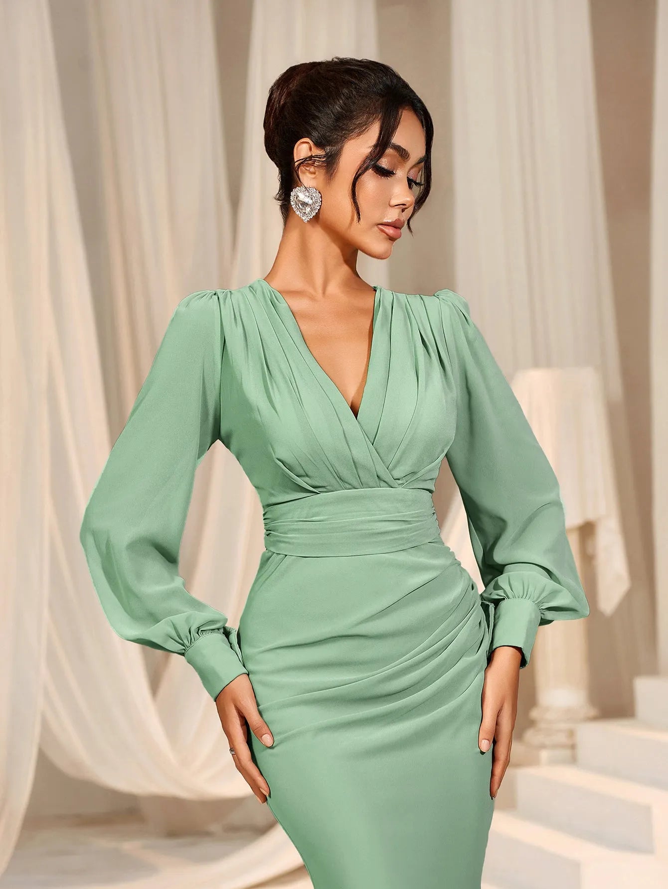 Surplice Neck Lantern Sleeve Chiffon Mermaid Dress – Elonnashop