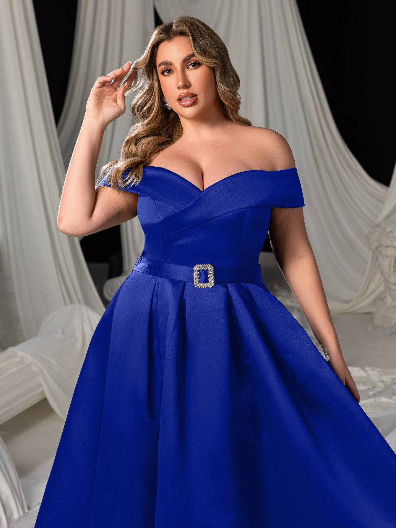 Plus Off Shoulder Buckle Belted Satin Ball Gown Evening Dress