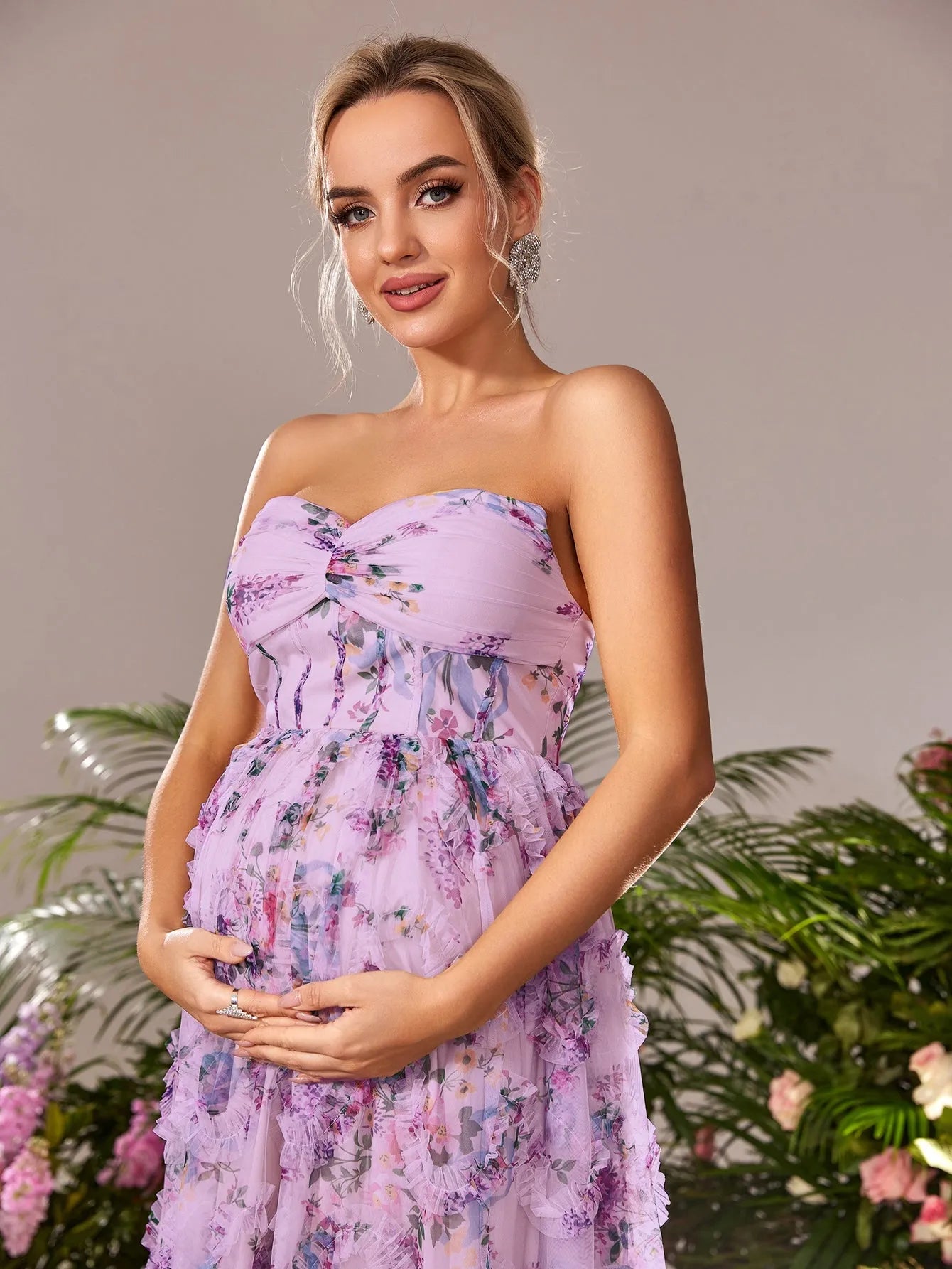 Maternity Strapless Ruffle Trim Floral Mesh Party Dress